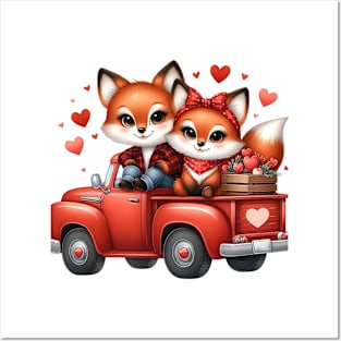 Valentine Fox Couple Sitting On Truck Posters and Art